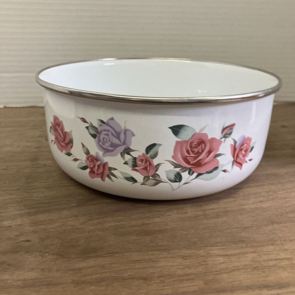 Vtg Enamel Mixing Nesting Bowl White‎ Pink Purple Floral Roses Silver Rim